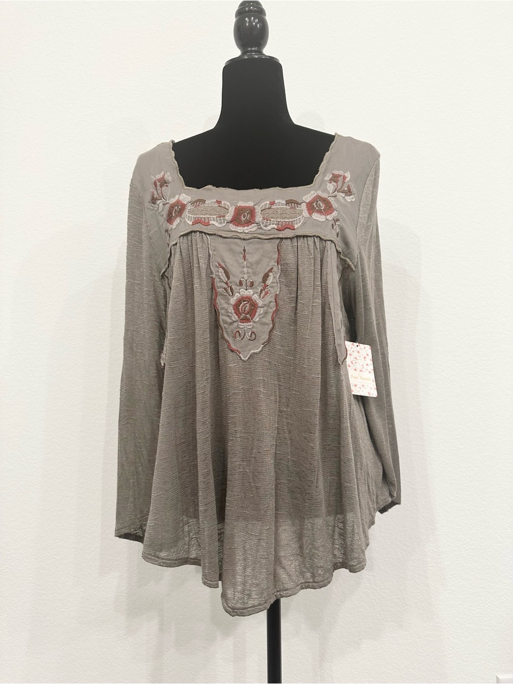 Free People Taupe Embroidered Gauze Peasant Blouse